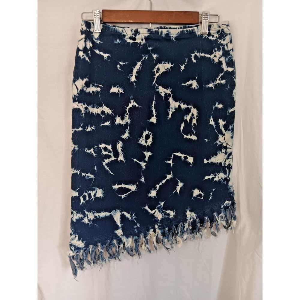 Vtg  MS Collections Denim Tie Dye Fringe Skirt Navy Blue White Asymmetrical Sz L